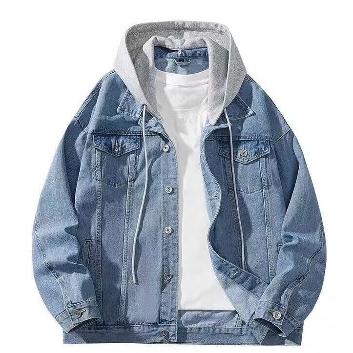 Men's Faux Two-Piece Denim Jacket Spring and Autumn New Trendy Hooded Stylish Loose Jacket Top