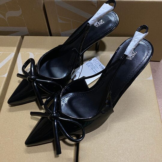 Za New High Heels Autumn and Winter 2024 French Red Painted Bow Decoration Fashion Shallow Sandals for Women Commuter Women