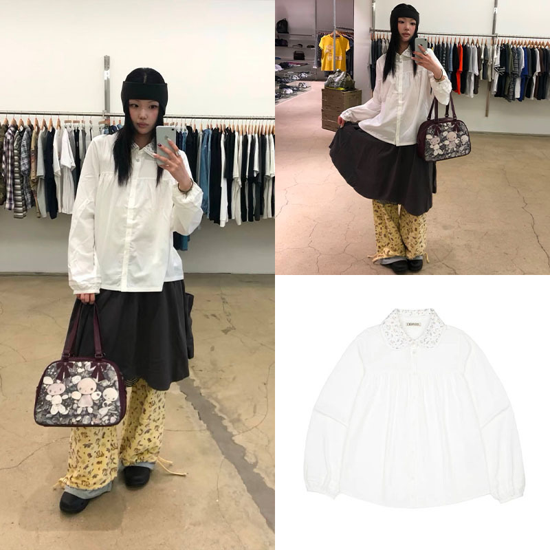 FanShun·3T Korean-style printed patchwork doll collar shirt, Dongdaemun autumn new sweet lantern sleeve top for women FanShun·3T Korean-style printed patchwork doll collar shirt, Dongdaemun autumn new sweet lantern sleeve top for women