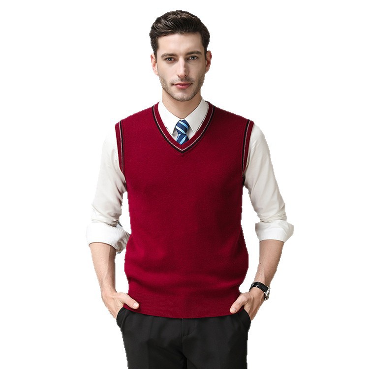 Chaleco de lana de otoño y invierno hombre de cuello en v sin mangas de punto sólido de mediana edad negocio interior con suéter de color sólido casual simple