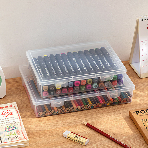 Transparent storage box for stationery, large capacity, can hold pens, markers, colored pencils, organizational storage box, stackable