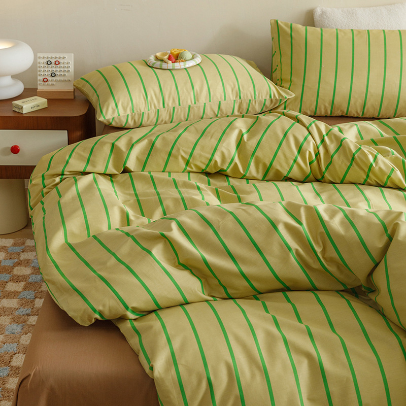 New Pure Cotton Striped Printed Four-Piece Set, Simple and High-End Feel, Duvet Cover, Bed Sheet, Soft and Delicate, Student Dormitory Supplies