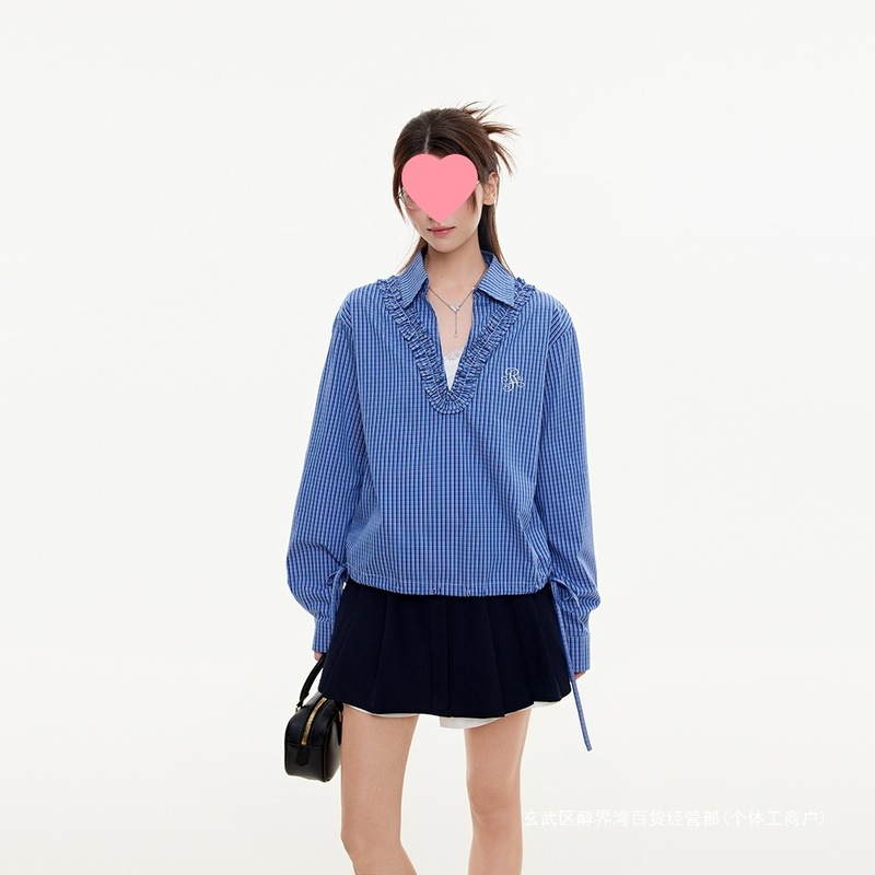 跨境设计感小众v领格子衬衫女长袖春夏新腰显瘦百搭休闲衬衣|undefined