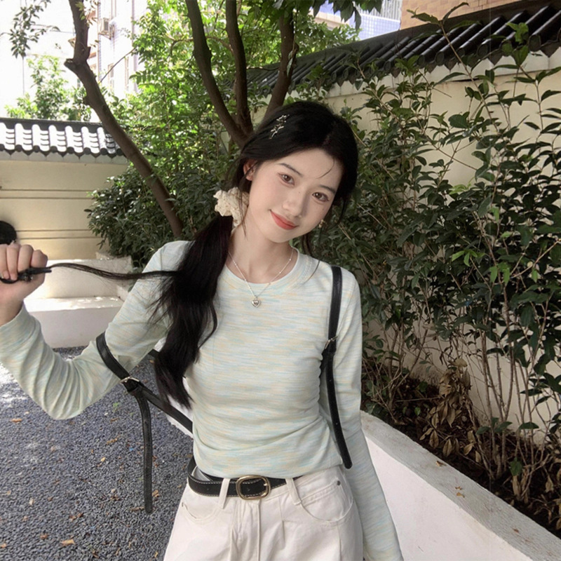 Green Right Shoulder Long-Sleeved T-Shirt Women's Round Neck Short Top Spring, Autumn and Winter Slim Fit Little Sexy Inner Layering Shirt