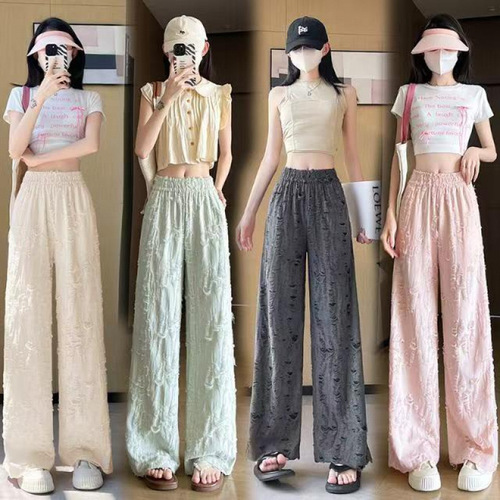 American style broken hole wide-leg pants for women's summer 2025 new style high-waist drag-feeling loose straight casual pants