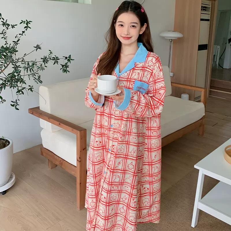 春秋薄款纯棉梭织线条动物长袖睡裙卡通红白动物格可外穿家居睡裙