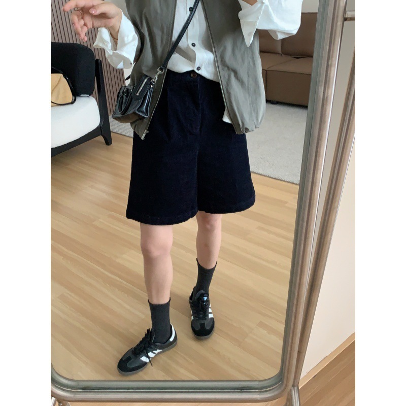 灯芯绒五分裤女春秋新款日系复古高腰宽松显瘦一粒扣休闲阔腿中裤|undefined