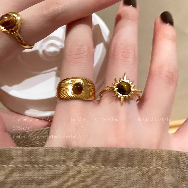 gold sunflower tigereye ring 2024 new advanced sense temperamental minority simple and unique all-match ring