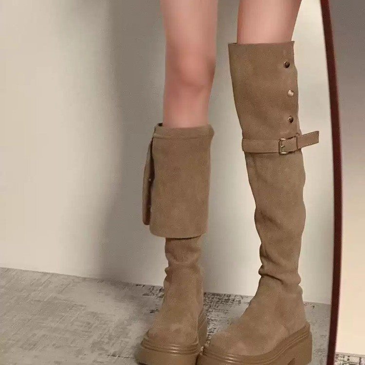 过膝长靴大筒围大码加绒厚底内增高加宽子女美胖mm厚底拉德长筒靴|undefined