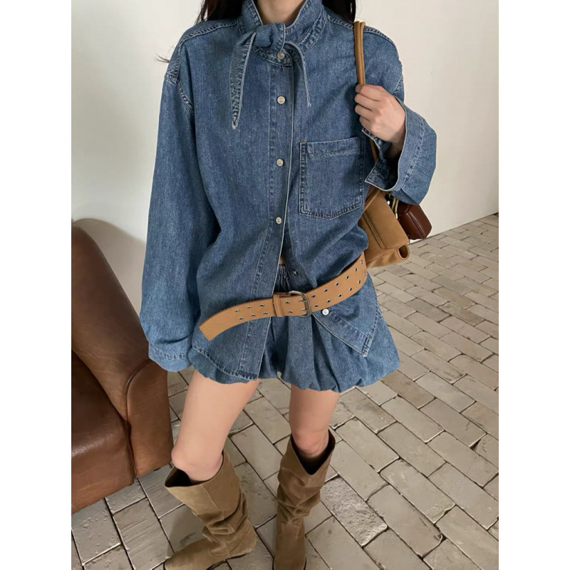 Korean Chic Retro Hong Kong Style Tie Design Loose Washed Denim Shirt + Elastic Waist Floral Shorts Set