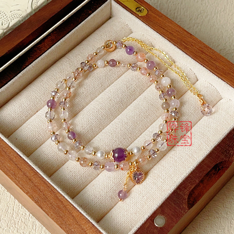 Original Handmade Guofeng Purple Titanium Ghost Crystal Bracelet Female Ins Niche Design Double Ring Bracelet Gift DIY