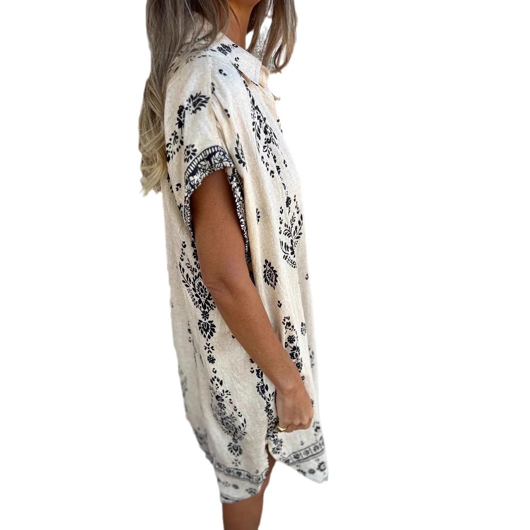 Women's Summer Casual Cotton Linen Shirt Loose Fit Short Sleeve Print Dress With Pocket_ecoleips.com