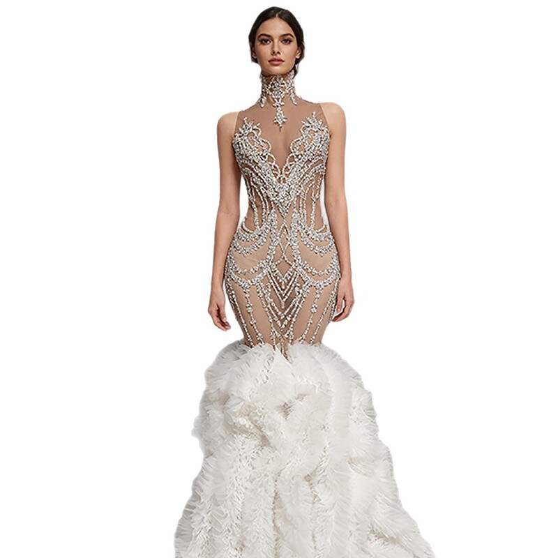 Elegant Silver Rhinestone Tulle Mermaid Long Dress for Weddings, Engagements, Banquets, and Important Occasions Elegant Silver Rhinestone Tulle Mermaid Long Dress for Weddings, Engagements, Banquets, and Important Occasions