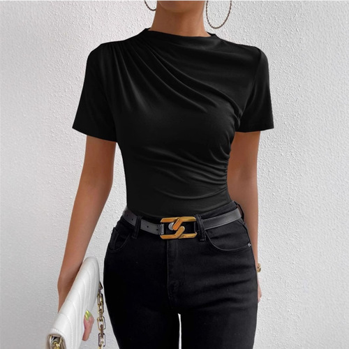 Short-sleeve T-shirt European and American cross-border short-sleeve French temperament thin women's casual pleated crew neck T-shirt