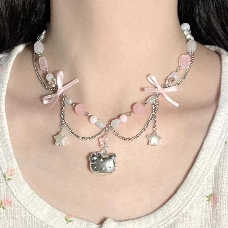 Sweet Kate Cat Bow Beaded Necklace for Women 2025 New Cute Heart Star Tassel Necklace Sweet Kate Cat Bow Beaded Necklace for Women 2025 New Cute Heart Star Tassel Necklace