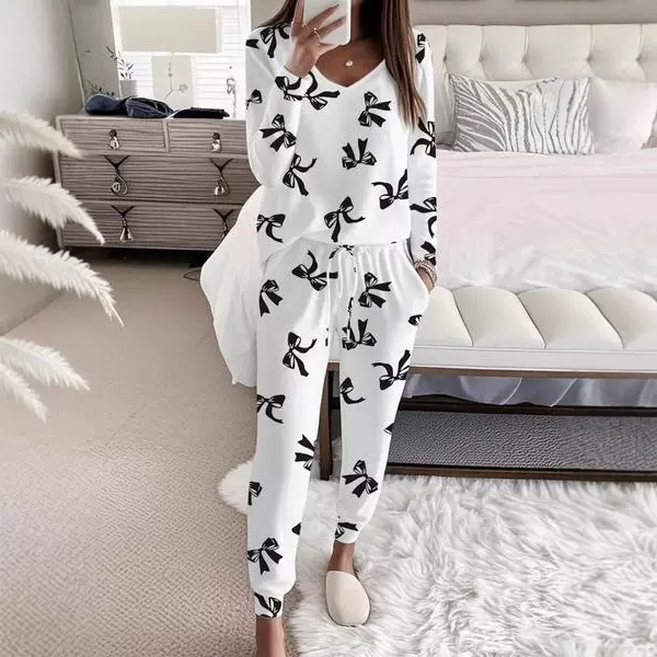 欧美外贸大码秋冬装v领印花蝴蝶长袖上衣长裤家居服豹纹长款套装