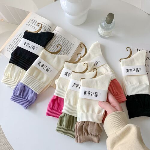 Double-layer socks women's mid-calf socks cotton socks patchwork color-matching faux double pairs mid-high socks autumn/winter double cuffs long socks spring/summer