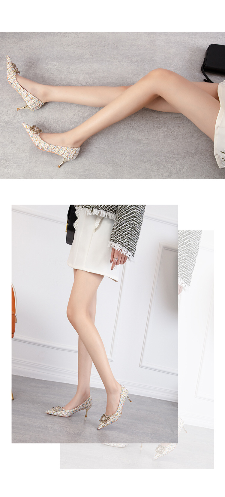 Fashion sexy slim high heels slim heels High heels shallow-cut pointe sparkling rhinester buckle women's single shoes_voghion.com