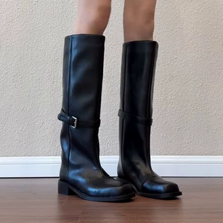 牛皮版~复古皮带扣不过膝长靴女显瘦直筒靴西部靴粗跟高筒骑士靴