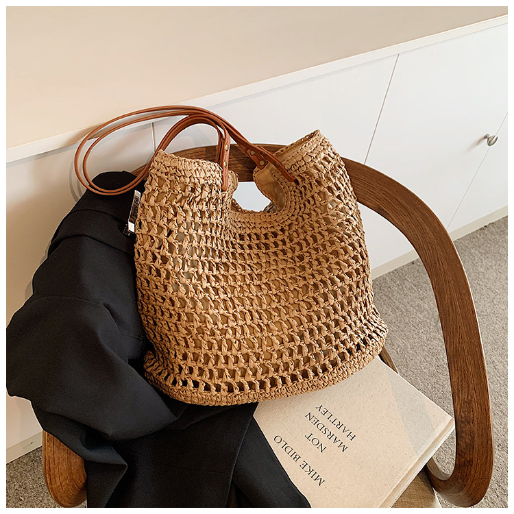 Seaside vacation 2024 new summer grass commuting tote bar large capacity handmade woven bag_voghion.com