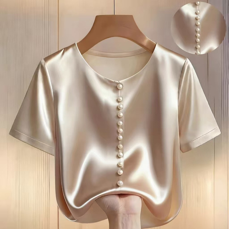 French Satin Pearl Button Short-Sleeved Shirt for Women, New Summer Style, High-End and Elegant Work Clothing Top