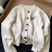 日系复古小狗贴布软糯糯毛衣开衫女秋冬外穿宽松慵懒风针织衫上衣