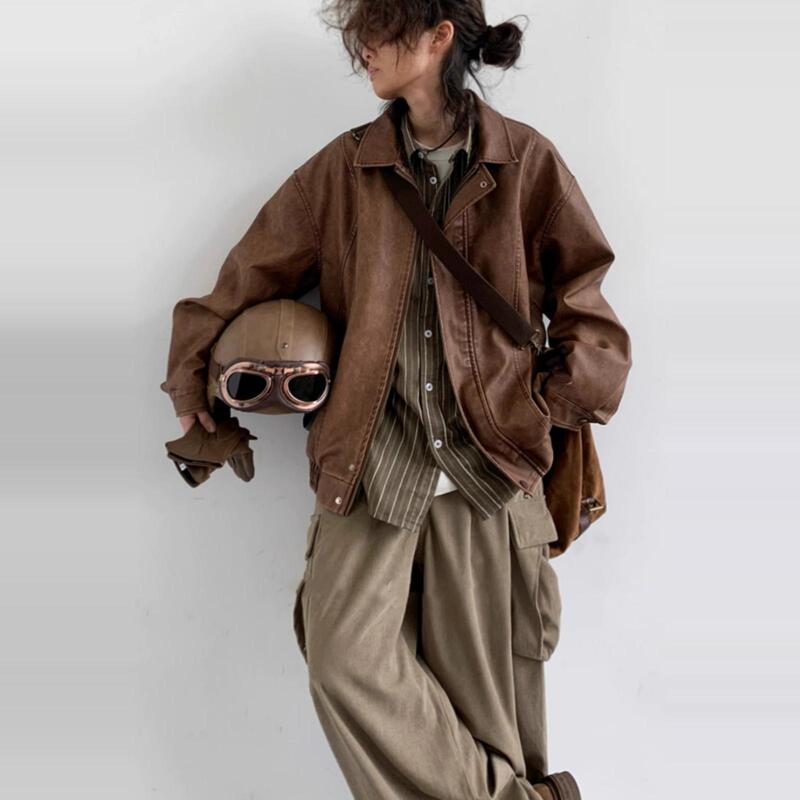 Autumn American Retro brown Motorcycle Leather Jacket for Boys and Girls Loose INS Style High-end Sense PU Leather Jacket Coat Trendy Autumn American Retro brown Motorcycle Leather Jacket for Boys and Girls Loose INS Style High-end Sense PU Leather Jacket Coat Trendy