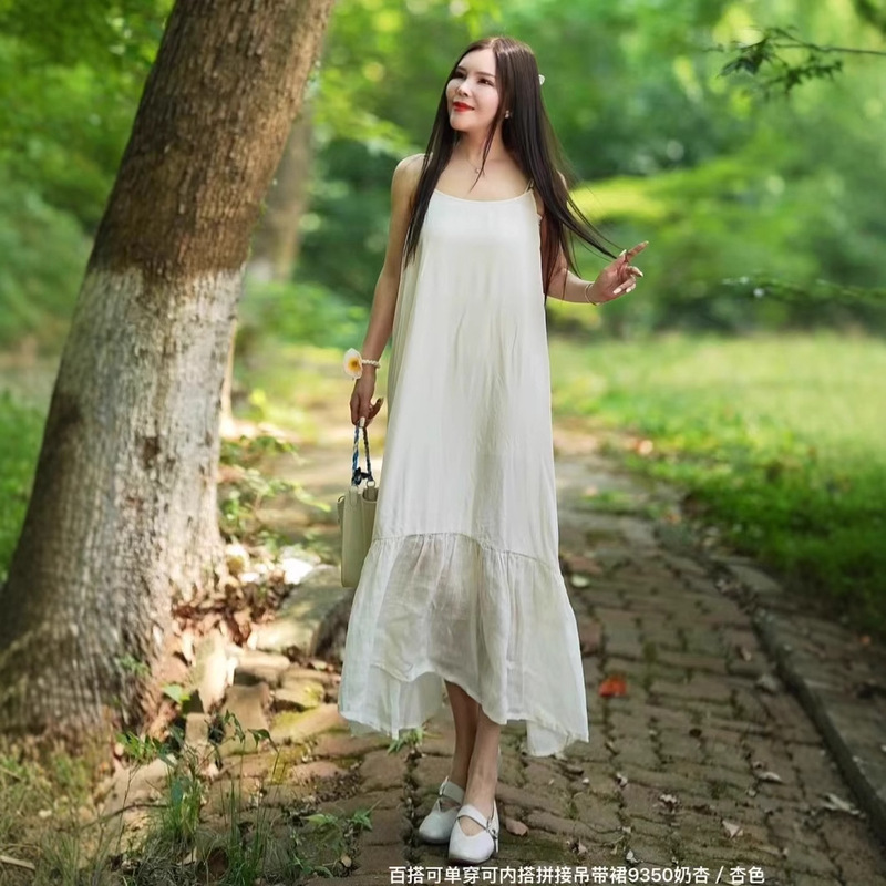 New Elegant Loose Inner Dress with Hem Spliced ​​Ramie Suspender Skirt