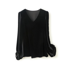 真丝丝绒黑色上衣春季新款高端气质V领显瘦百搭桑蚕丝衬衣女