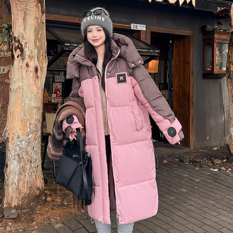 Gran tamaño largo sobre la rodilla ropa de moda de algodón de mujer coreana chaqueta de algodón de color contrastante ropa de algodón con capuchón suelta ropa de pan de mujer chaqueta