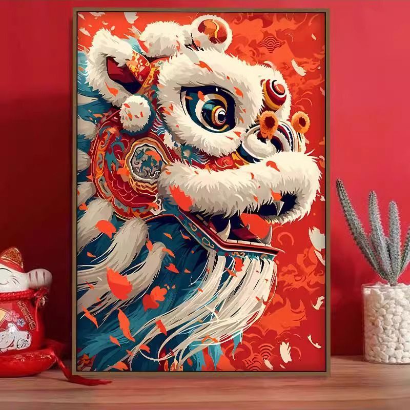 Chinese Lion Dance Painting with Good Symbolism, New Decorative Painting for Entryway, Creative National Trend Art for Corridor, Living Room, Sofa, and Living Room with Lion Motifs Chinese Lion Dance Painting with Good Symbolism, New Decorative Painting for Entryway, Creative National Trend Art for Corridor, Living Room, Sofa, and Living Room with Lion Motifs