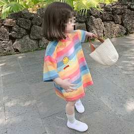 女童中小童T恤裙2023新款洋气可爱小女孩彩虹条纹中长裙宽松童裙