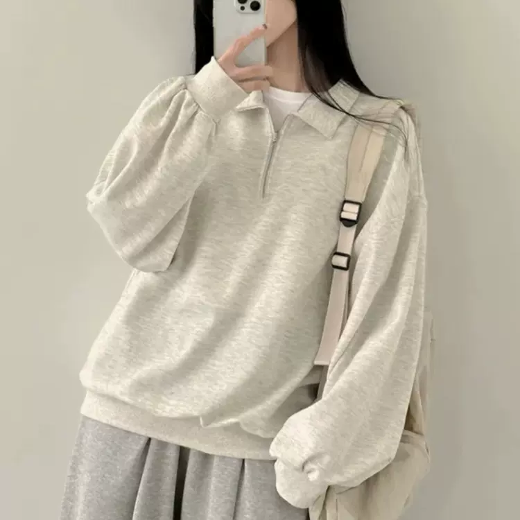 燕麦色男友风半拉链翻领中性卫衣女秋冬新款慵懒风休闲情侣上衣潮
