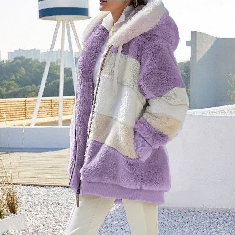 2025 New Cross-Border Amazon Hot-Selling European and American Autumn and Winter Warm Plush Zip Pocket Hooded Loose Jacket