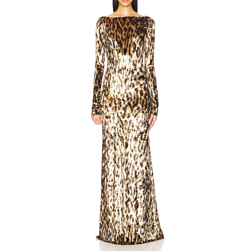 High-End Velvet Gown with a Leopard Print, 2026 New European and American Runway Style, Off-The-Shoulder Slim-Fit Dress