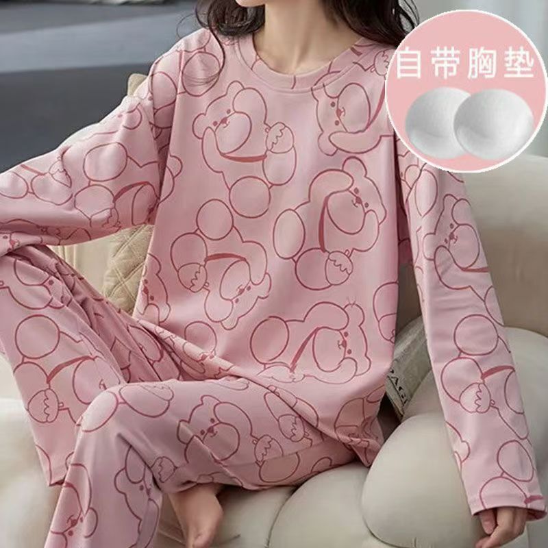 Comes with Chest Pad Pajamas Autumn and Winter Wearing Long Sleeve Cartoon Cute suit Women's Anti-bump Pullover Home Clothes Comes with Chest Pad Pajamas Autumn and Winter Wearing Long Sleeve Cartoon Cute suit Women's Anti-bump Pullover Home Clothes