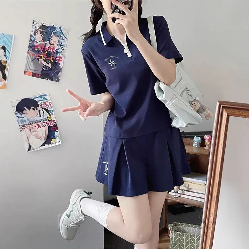 코튼 탄성 운동복 짧은 치마 정장 소녀 여름 드레스 2025 중학생 폴로 칼라 드레스
