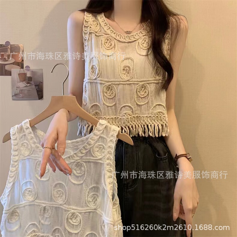 Summer design unique chic vintage crocheted tassel vest camisole women's inner and outer wear short sleeveless top Summer design unique chic vintage crocheted tassel vest camisole women's inner and outer wear short sleeveless top