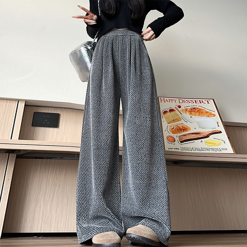 黑白斜纹条纹裤子女秋冬加厚2025新款高腰垂感慵懒直筒拖地阔腿裤|undefined
