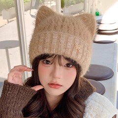 猫咪耳朵毛线针织帽秋冬新款女蝴蝶结冷帽保暖护耳可爱帽子批发