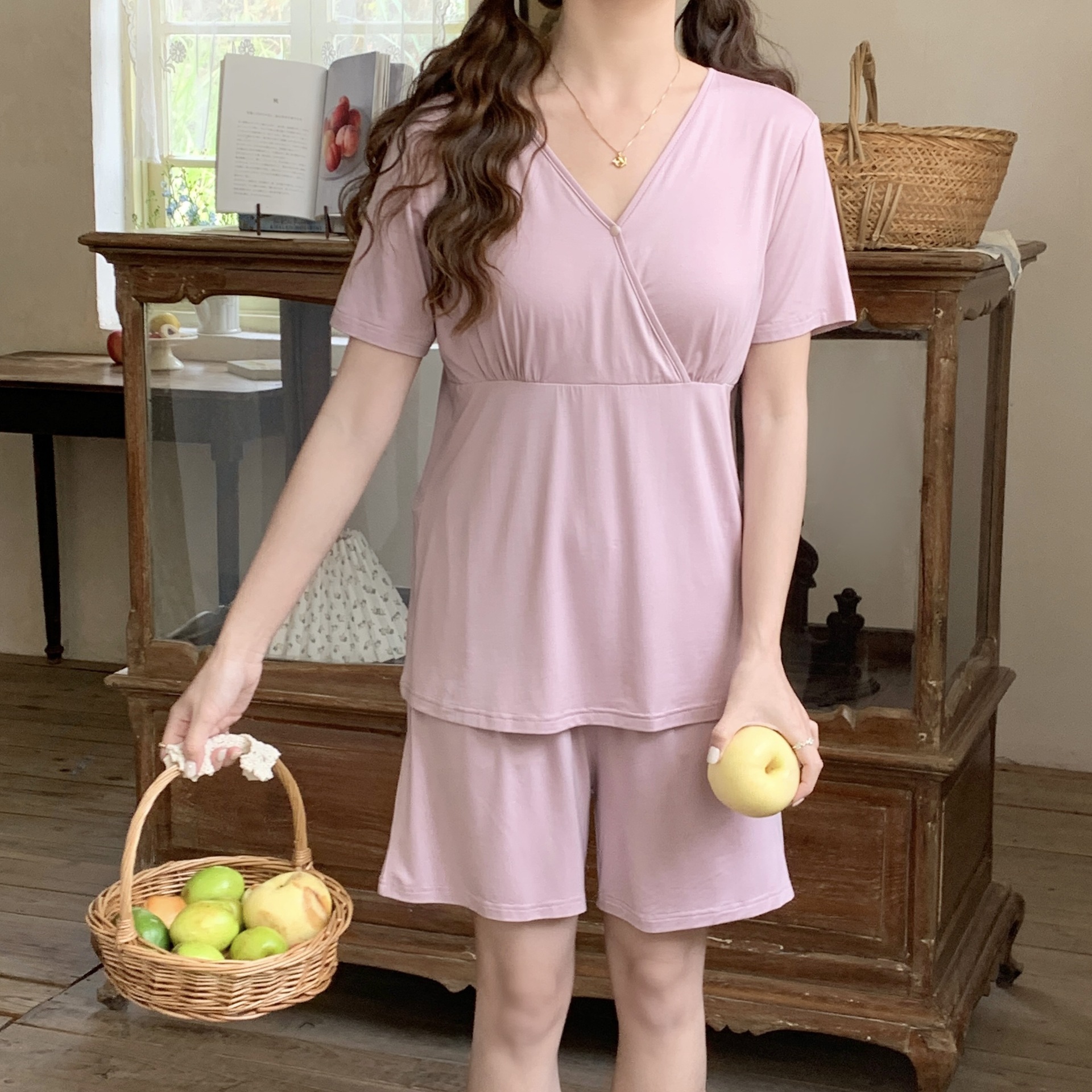 [Youkesi 88219] Modal Maternity Summer Short Sleeve Shorts Thin Loose Home Clothes Women with Breast Pads