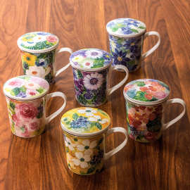 日本和蓝美浓烧陶瓷花语马克杯带盖带茶漏茶杯水杯咖啡杯生日礼物