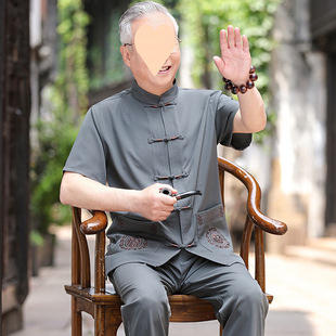 Middle-Aged and Elderly Dad Summer Suit Male Grandpa Hanfu Chinese Style Summer Thin Cotton and Linen Short-Sleeved Tang Suit