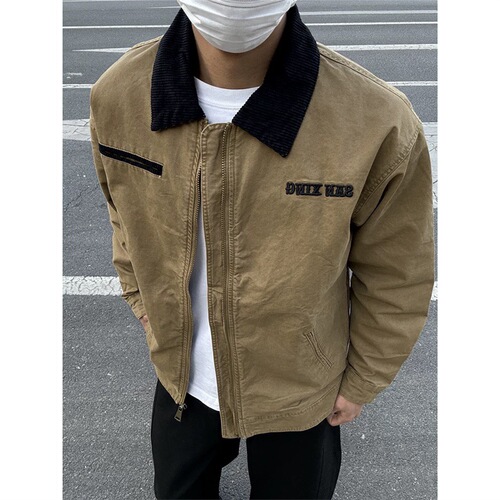 Puffer Collar Jacket Early Autumn Outerwear Men 2025 New Arrival Loose Casual Washed Letter Embroidery Trendy Unisex Top