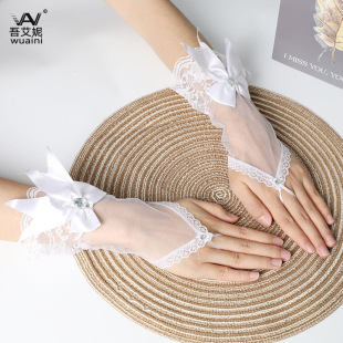Finger-free short yarn bow love gloves New Korean bridal wedding lace thin gloves wholesale