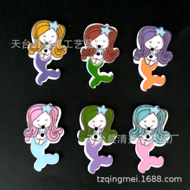 50 botones de madera de sirena pintados de dibujos animados de sirena pintados de dibujos animados de bricolaje por paquete