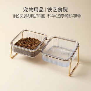 Original Wrought Iron Double Bowl Cat Bowl Anti-Knock over Tall Pet Bowl Cat Water Dispenser Feeder Pet Supplies Hot Sale
