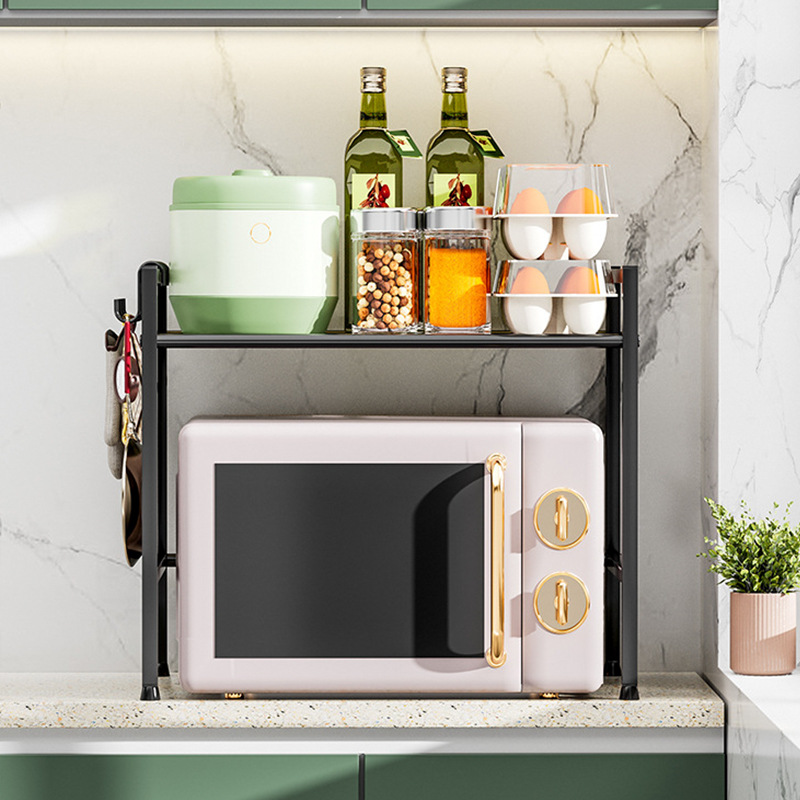 Cocina transfronteriza estante de doble capa negro gabinete de cocina estante de almacenamiento en capas superior e inferior estante de microondas de escritorio con gancho