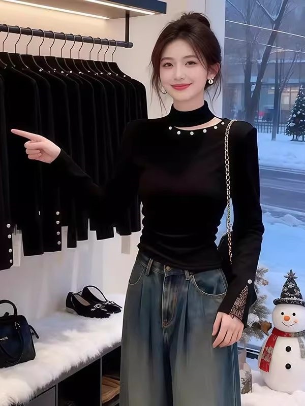 Plus-size half-high collar beaded hollow-out black long-sleeve T-shirt for women, 2026 new early spring style, slimming top for layering