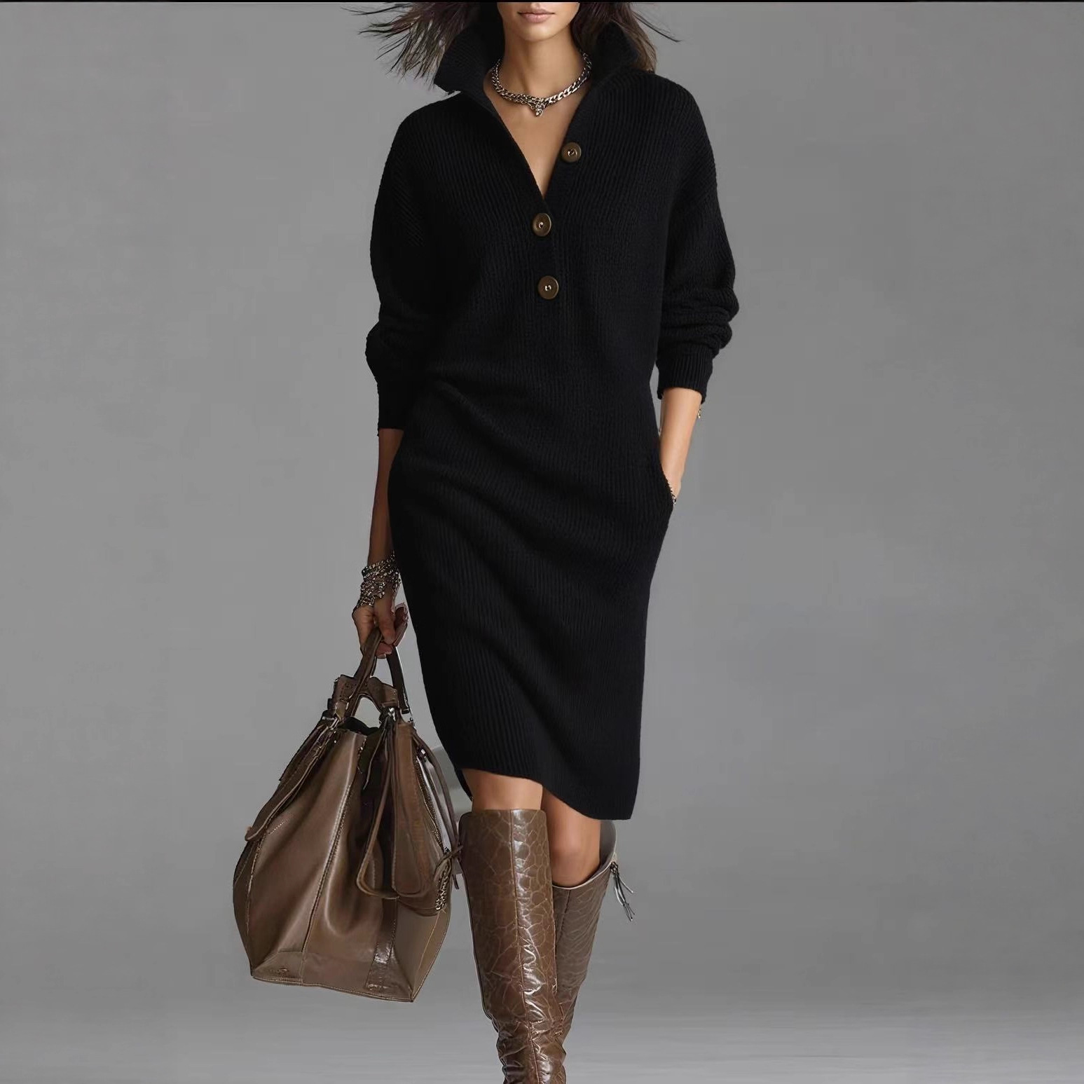Robe pull mi-longue décontractée d'automne pour femme, style européen/américain, en maille droite, col boutonné, longueur standard._voghion.com
